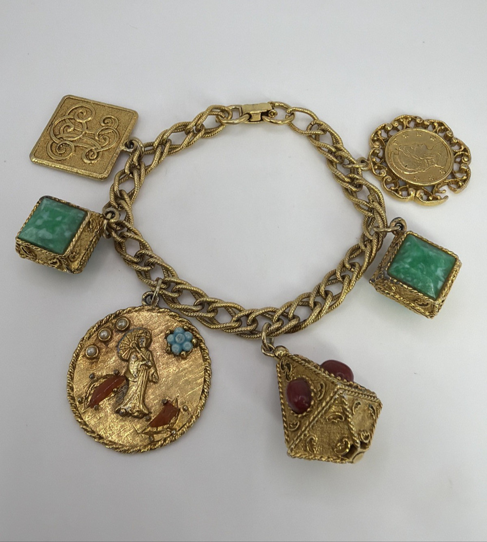 Vintage 1950s Gold Tone Chunky Maximalist Charm Bracelet Pyramid Kimono Coin